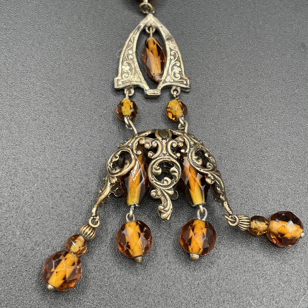 Antique c1920's Art Deco Czech Amber Glass Brass Filigree Flapper Necklace 40" - Picture 4 of 11
